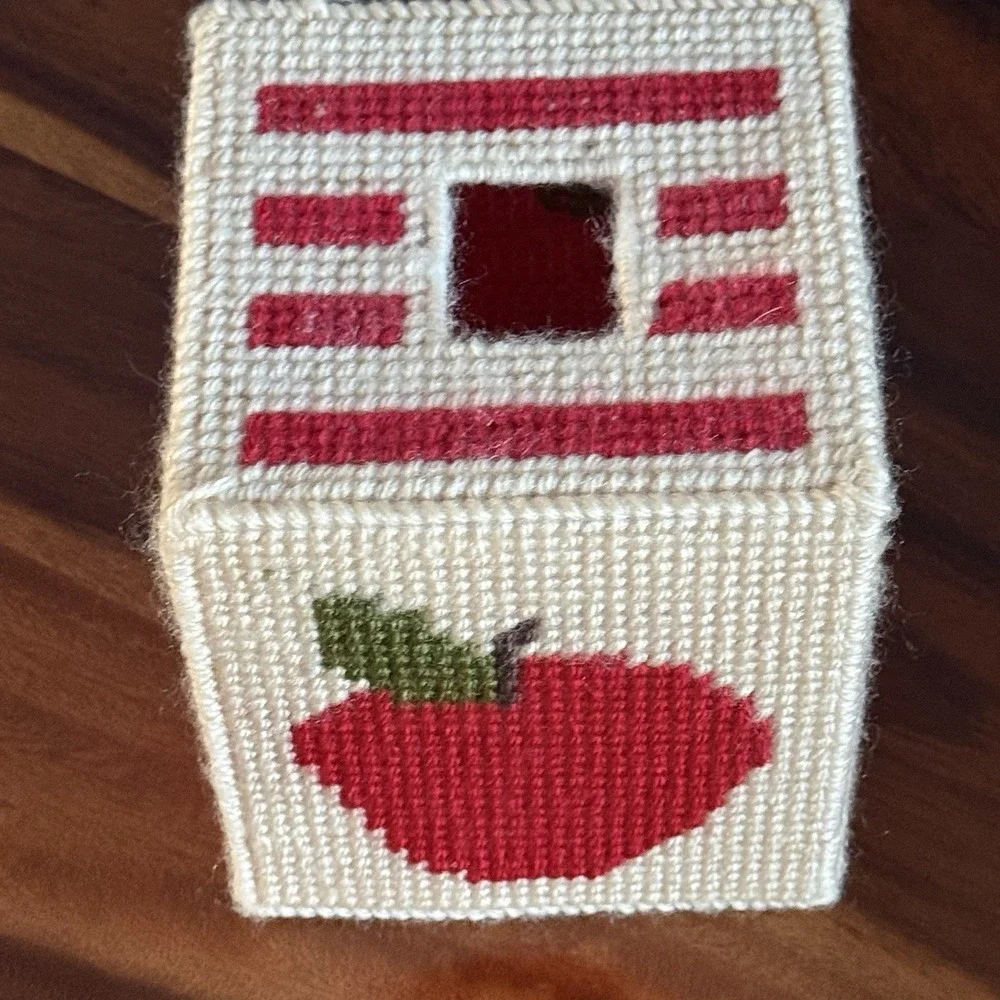 Handmade Vintage Needlepoint Plastic Canvas Tissue Box Cover - Apple Teacher